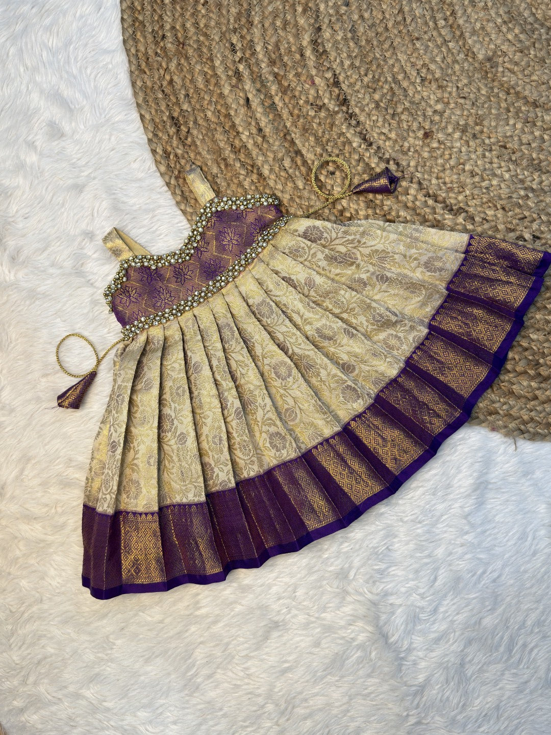 Cream & Violet Semi Kanchi Tissue Silk Sleeveless Pattu Gown | CPM0633