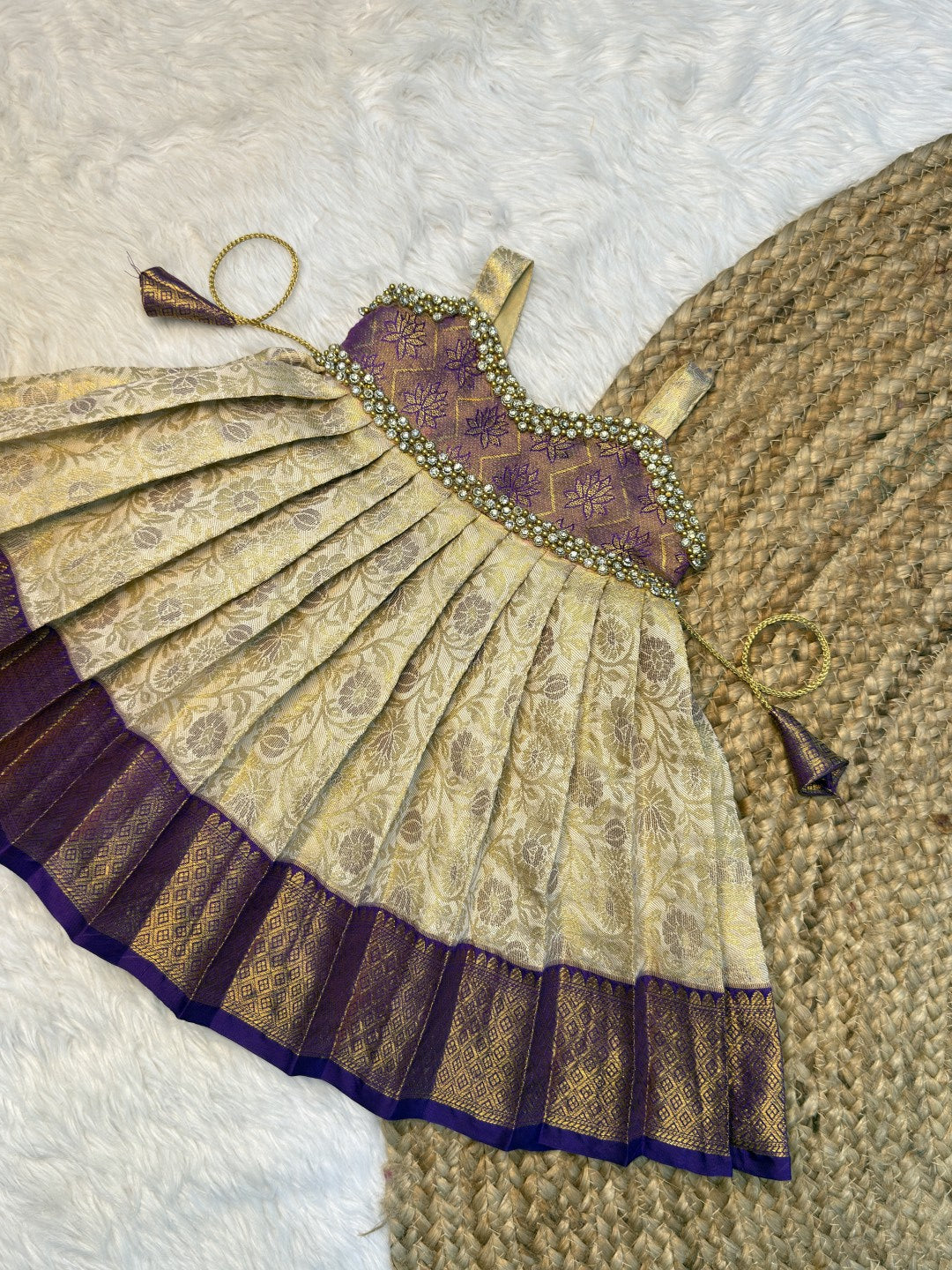 Cream & Violet Semi Kanchi Tissue Silk Sleeveless Pattu Gown | CPM0633