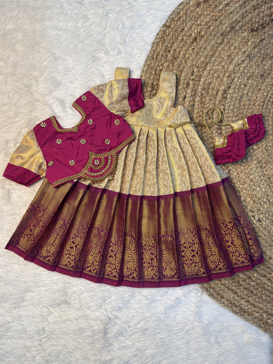 Kuzhali | White & Purple Pure Kanchi Silk Aari Top & Skirt | CPM0635