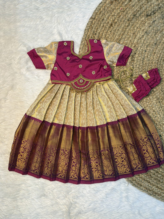 Kuzhali | White & Purple Pure Kanchi Silk Aari Top & Skirt | CPM0635