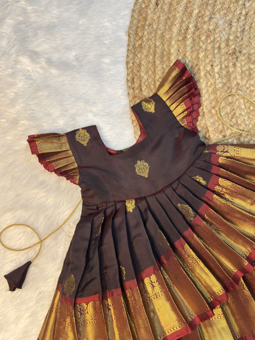 Brown & Maroon Soft Banarasi Silk Asymmetrical Pattu Gown | CPM0637