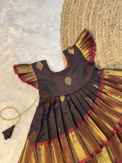 Brown & Maroon Soft Banarasi Silk Asymmetrical Pattu Gown | CPM0637