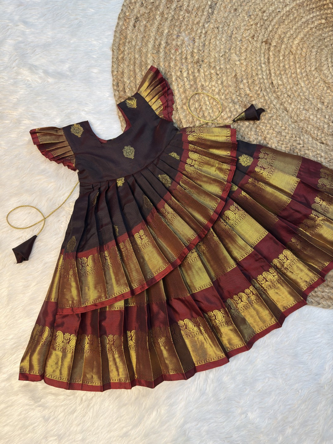 Brown & Maroon Soft Banarasi Silk Asymmetrical Pattu Gown | CPM0637