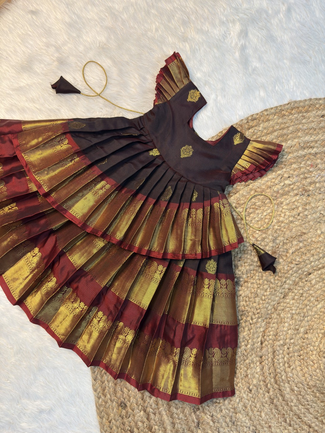 Brown & Maroon Soft Banarasi Silk Asymmetrical Pattu Gown | CPM0637
