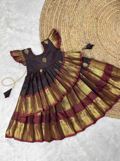 Brown & Maroon Soft Banarasi Silk Asymmetrical Pattu Gown | CPM0637