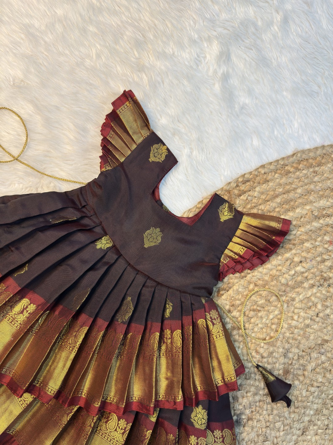 Brown & Maroon Soft Banarasi Silk Asymmetrical Pattu Gown | CPM0637