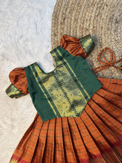 Manasa | Green, Orange & Red Semi Katan Silk Pattu Pavadai | CPM0638