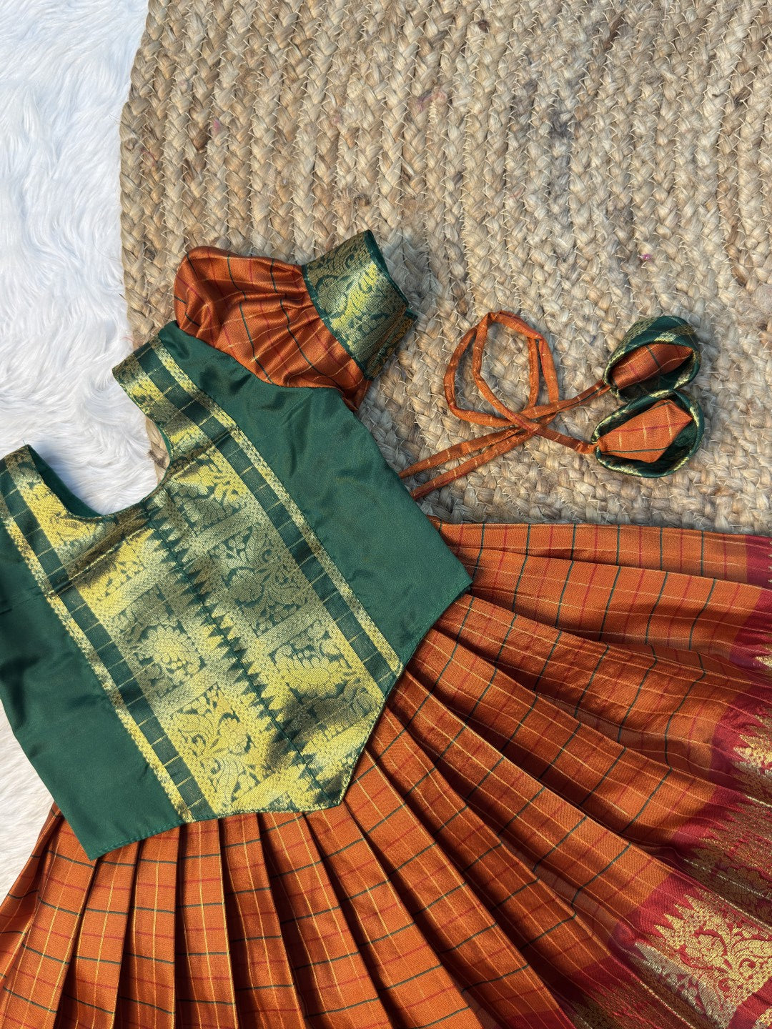 Manasa | Green, Orange & Red Semi Katan Silk Pattu Pavadai | CPM0638
