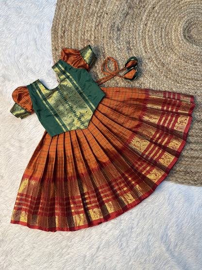 Manasa | Green, Orange & Red Semi Katan Silk Pattu Pavadai | CPM0638