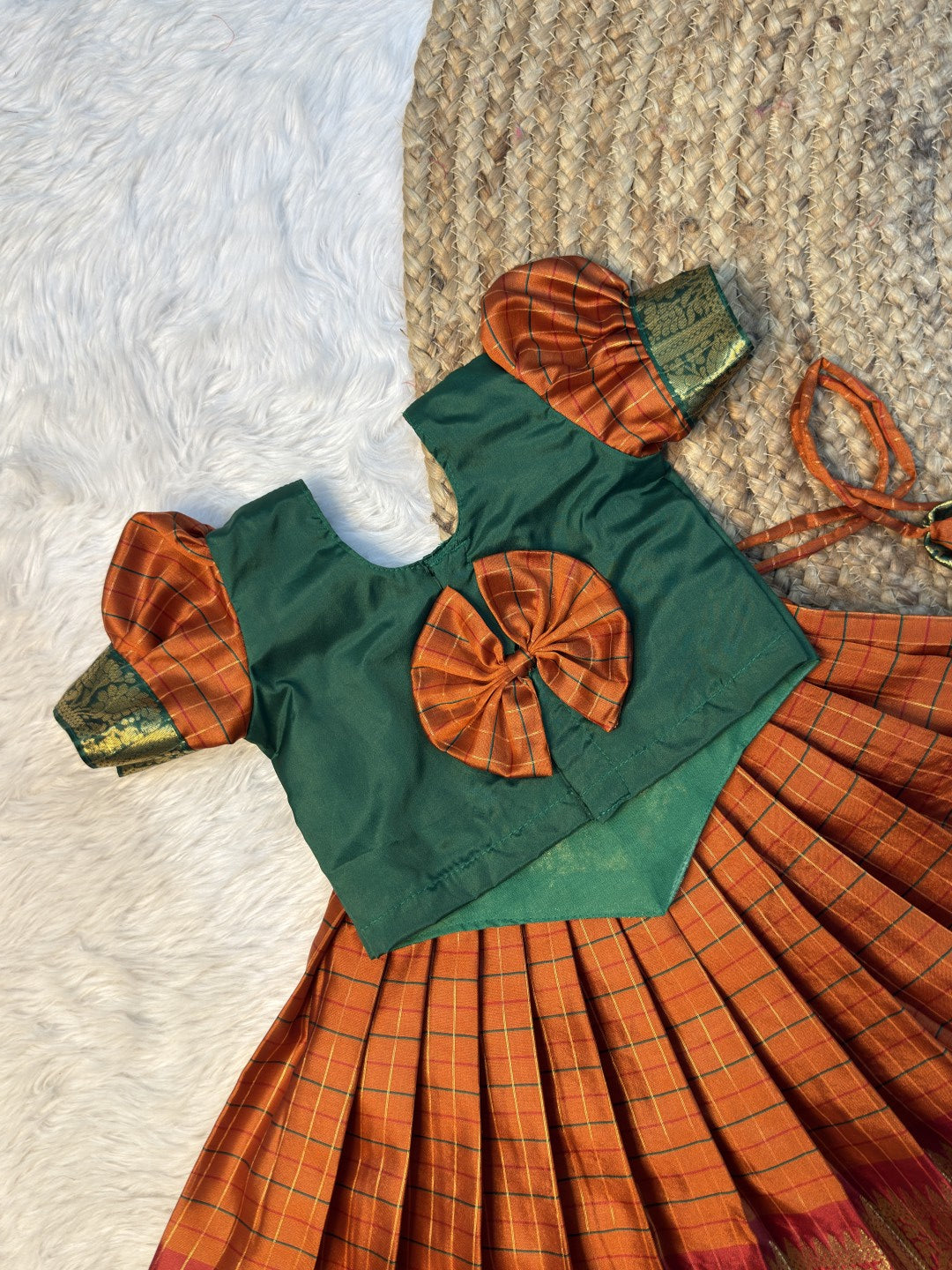 Manasa | Green, Orange & Red Semi Katan Silk Pattu Pavadai | CPM0638