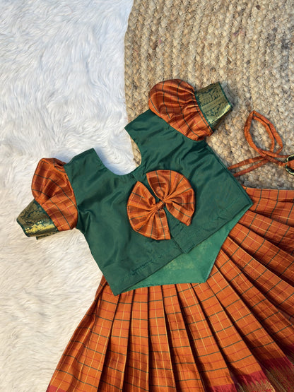 Manasa | Green, Orange & Red Semi Katan Silk Pattu Pavadai | CPM0638