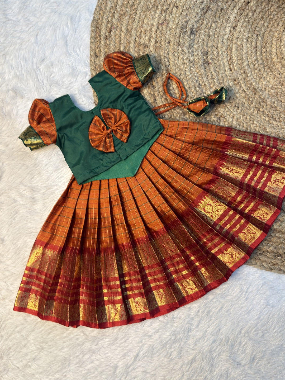 Manasa | Green, Orange & Red Semi Katan Silk Pattu Pavadai | CPM0638