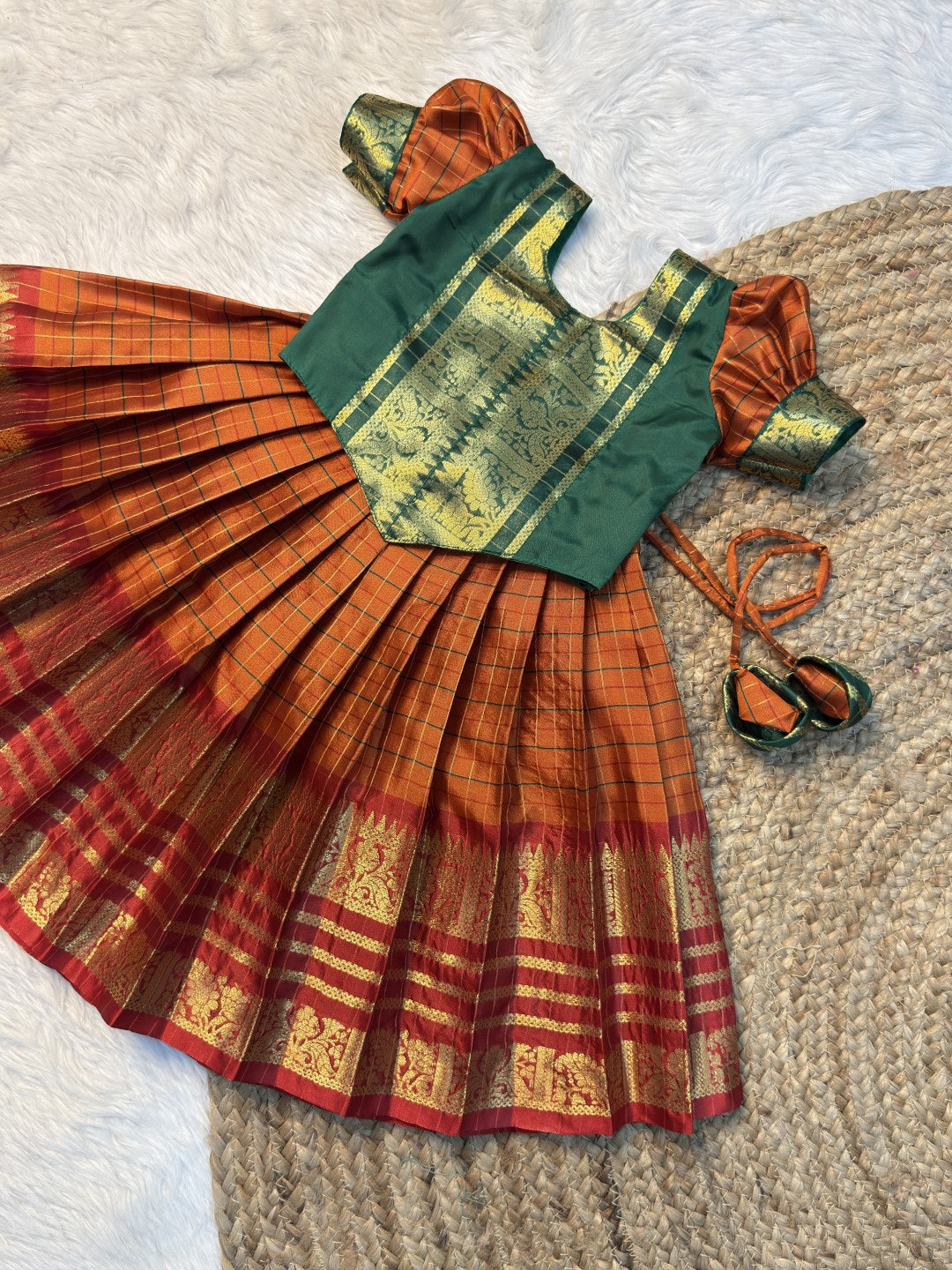 Manasa | Green, Orange & Red Semi Katan Silk Pattu Pavadai | CPM0638