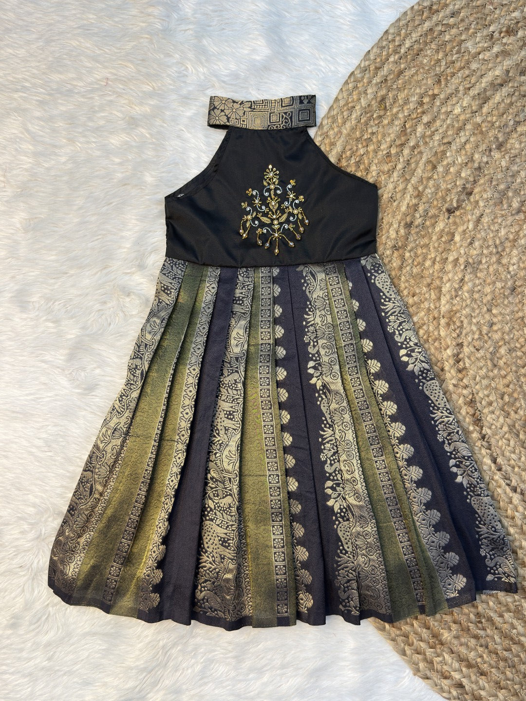 Olive Green & Black Khadi Silk High Neck Aari Pattu Frock | CPM0639