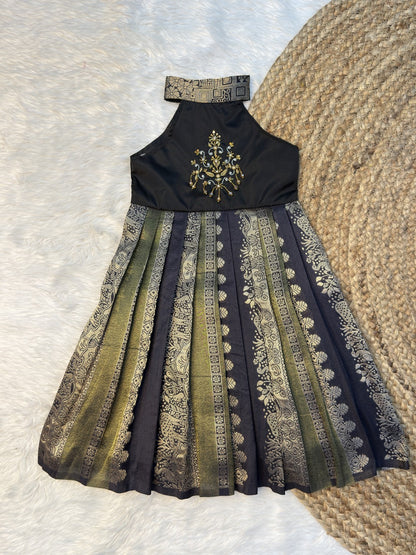 Olive Green & Black Khadi Silk High Neck Aari Pattu Frock | CPM0639