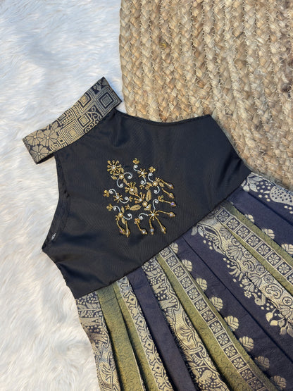 Olive Green & Black Khadi Silk High Neck Aari Pattu Frock | CPM0639