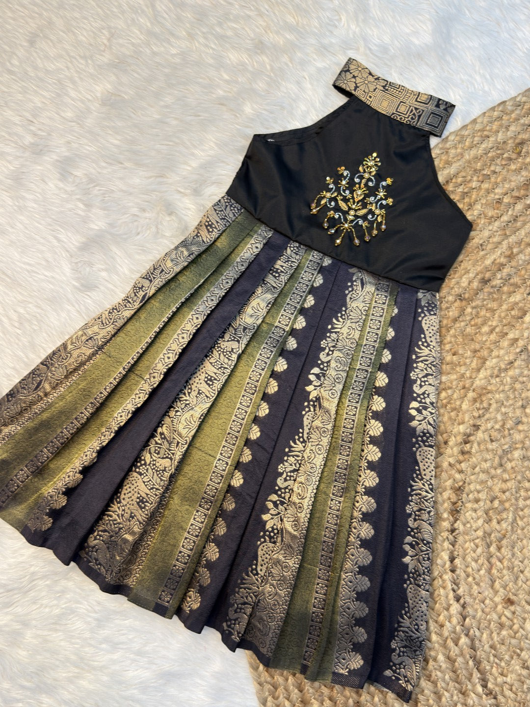 Olive Green & Black Khadi Silk High Neck Aari Pattu Frock | CPM0639