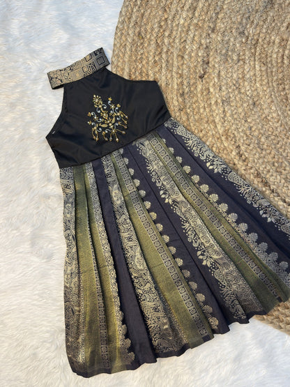 Olive Green & Black Khadi Silk High Neck Aari Pattu Frock | CPM0639
