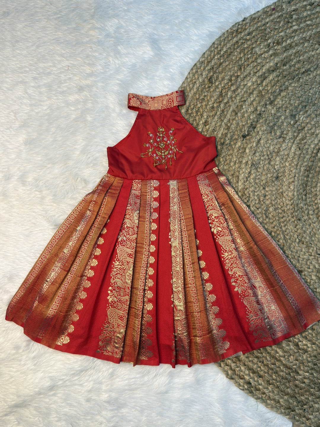 Red & Orange Khadi Silk High Neck Aari Pattu Frock | CPM0640