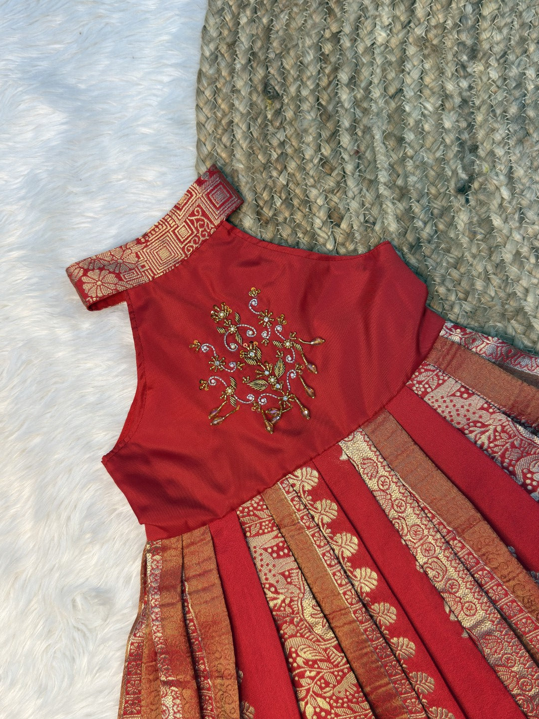 Red & Orange Khadi Silk High Neck Aari Pattu Frock | CPM0640