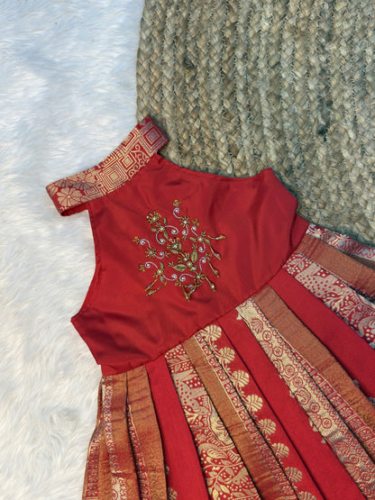 Red & Orange Khadi Silk High Neck Aari Pattu Frock | CPM0640