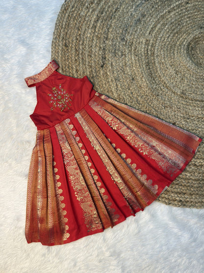 Red & Orange Khadi Silk High Neck Aari Pattu Frock | CPM0640