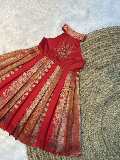 Red & Orange Khadi Silk High Neck Aari Pattu Frock | CPM0640