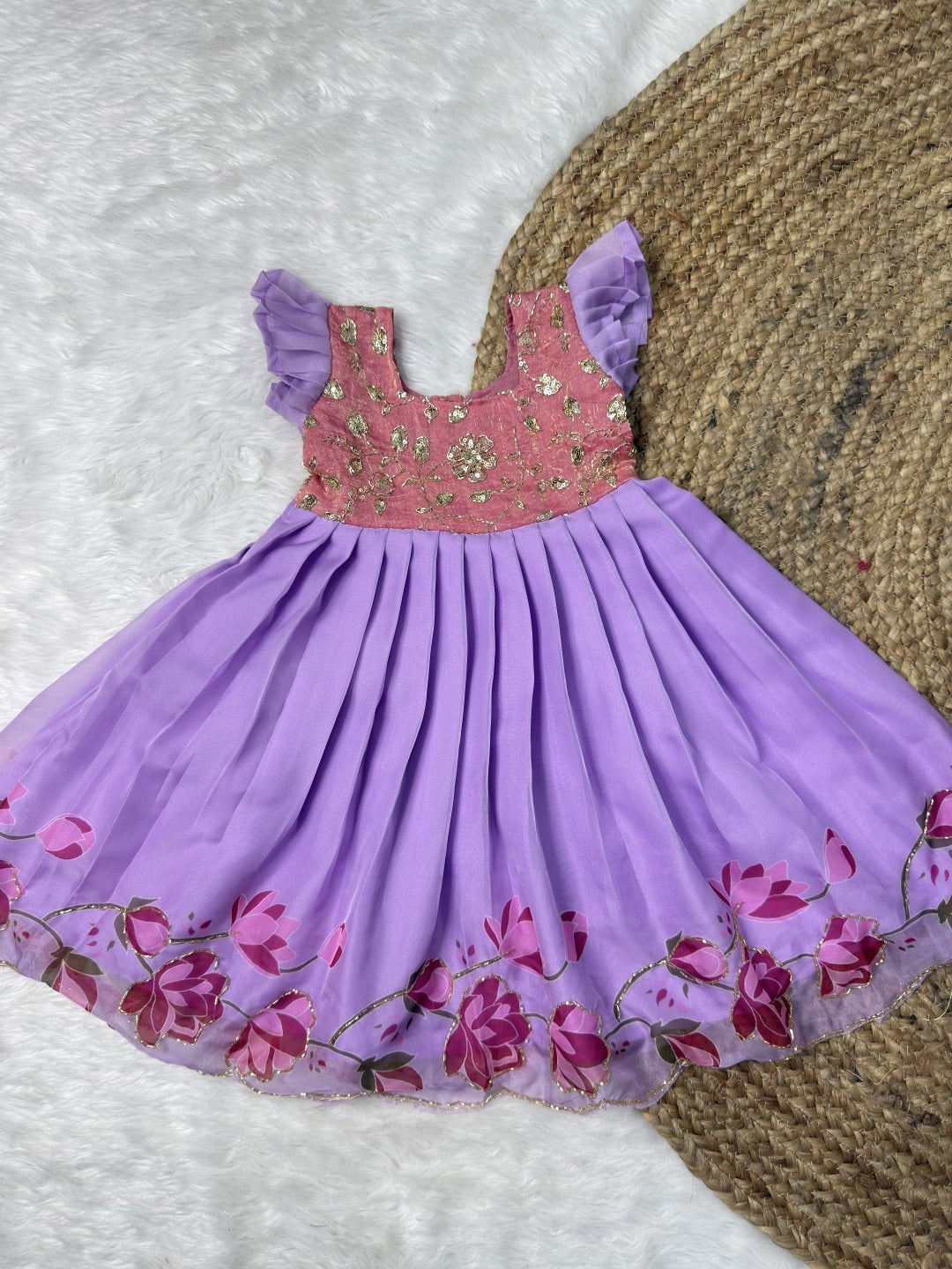 Lavender & Pink Fandy Space Silk & Georgette Bead Work Gown | CPM0642
