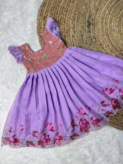 Lavender & Pink Fandy Space Silk & Georgette Bead Work Gown | CPM0642