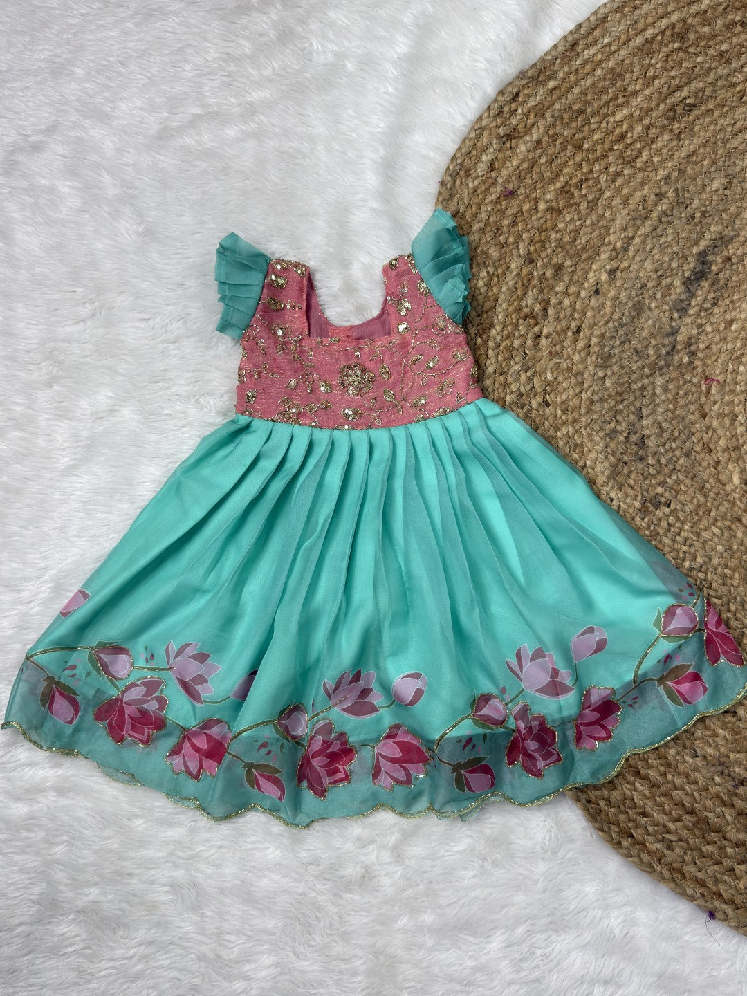 Blue Green & Pink Fandy Space Silk & Georgette Bead Work Gown | CPM0643