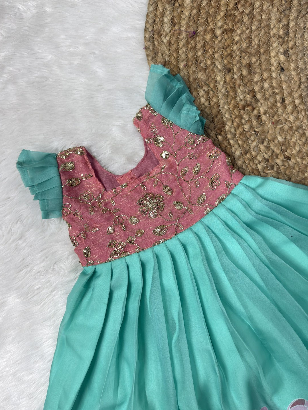 Blue Green & Pink Fandy Space Silk & Georgette Bead Work Gown | CPM0643
