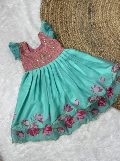 Blue Green & Pink Fandy Space Silk & Georgette Bead Work Gown | CPM0643