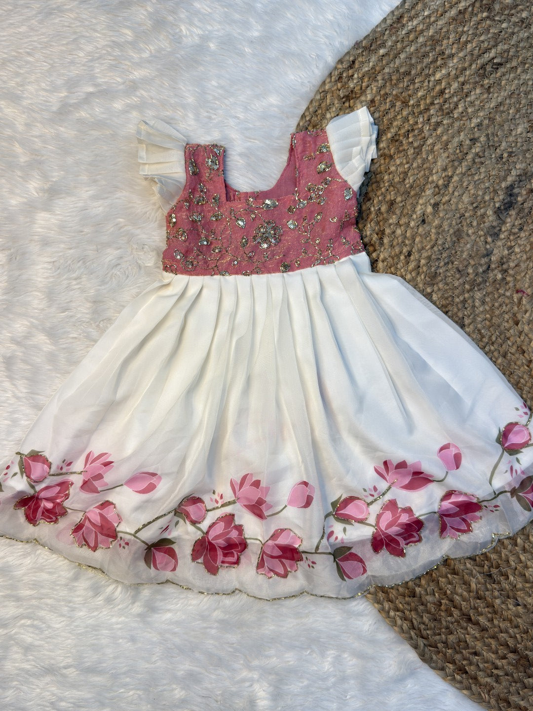 White & Pink Fandy Space Silk & Georgette Bead Work Gown | CPM0644