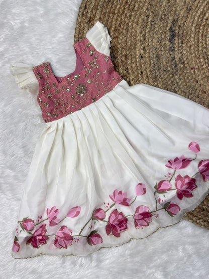 White & Pink Fandy Space Silk & Georgette Bead Work Gown | CPM0644