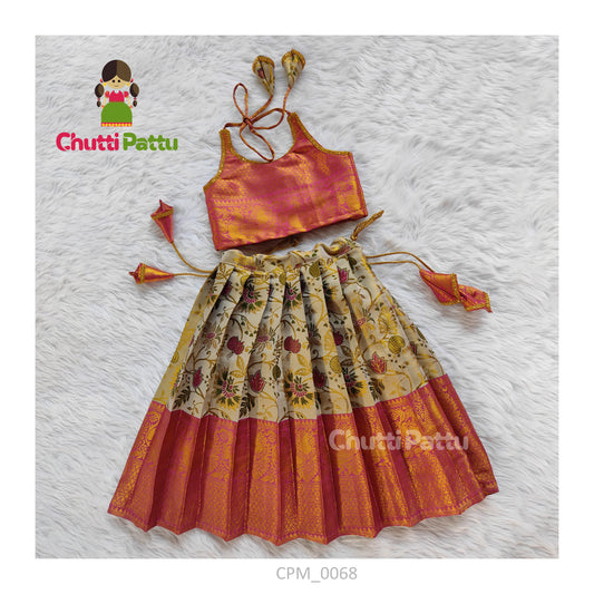 White and Pink Kalamkari Silk Halter Neck Set | CPM_0068