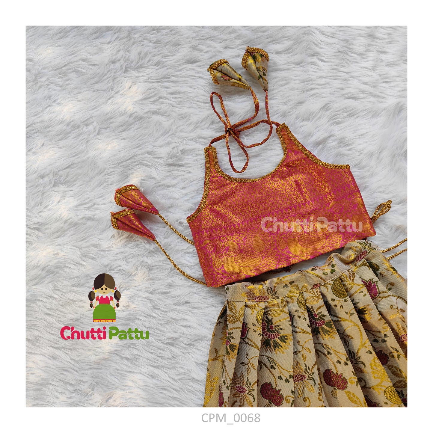 White and Pink Kalamkari Silk Halter Neck Set | CPM_0068