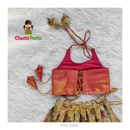 White and Pink Kalamkari Silk Halter Neck Set | CPM_0068