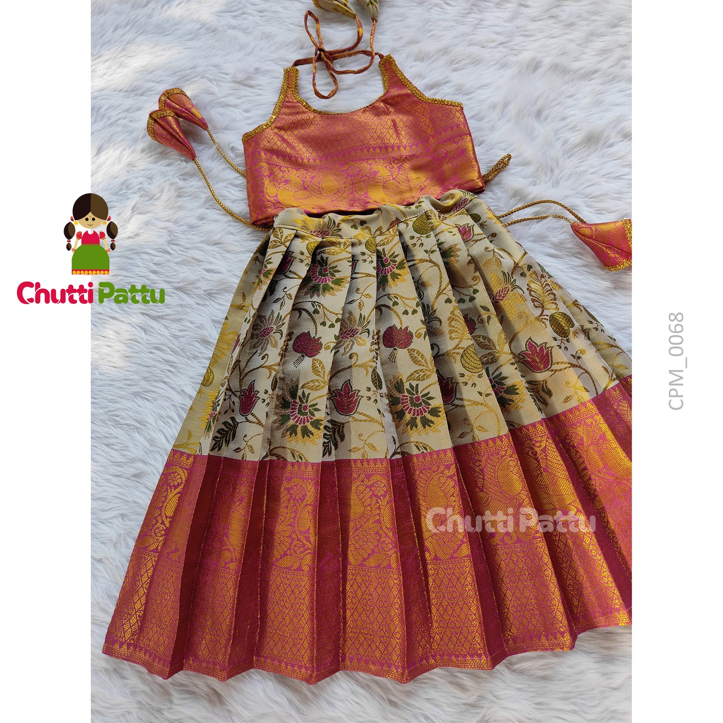 White and Pink Kalamkari Silk Halter Neck Set | CPM_0068