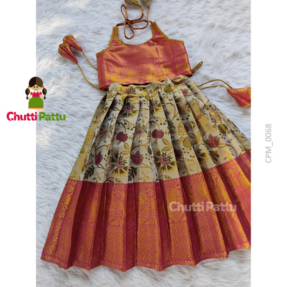 White and Pink Kalamkari Silk Halter Neck Set | CPM_0068