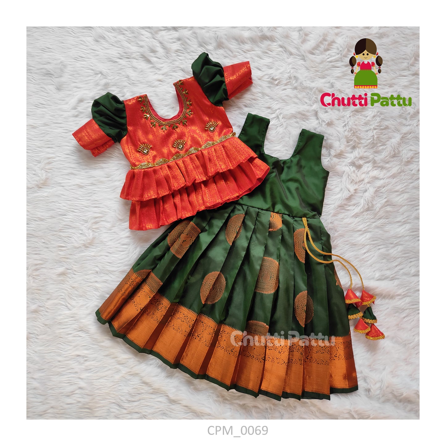 Pink Aari Work Top with Bottle Green Knife-Pleated Skirt | CPM_0069