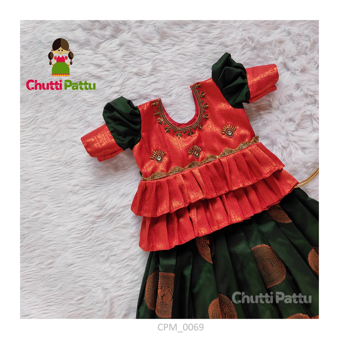 Pink Aari Work Top with Bottle Green Knife-Pleated Skirt | CPM_0069