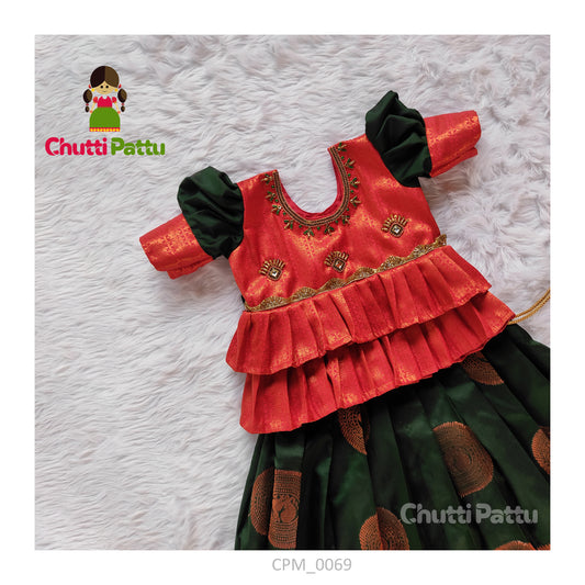 Pink Aari Work Top with Bottle Green Knife-Pleated Skirt | CPM_0069