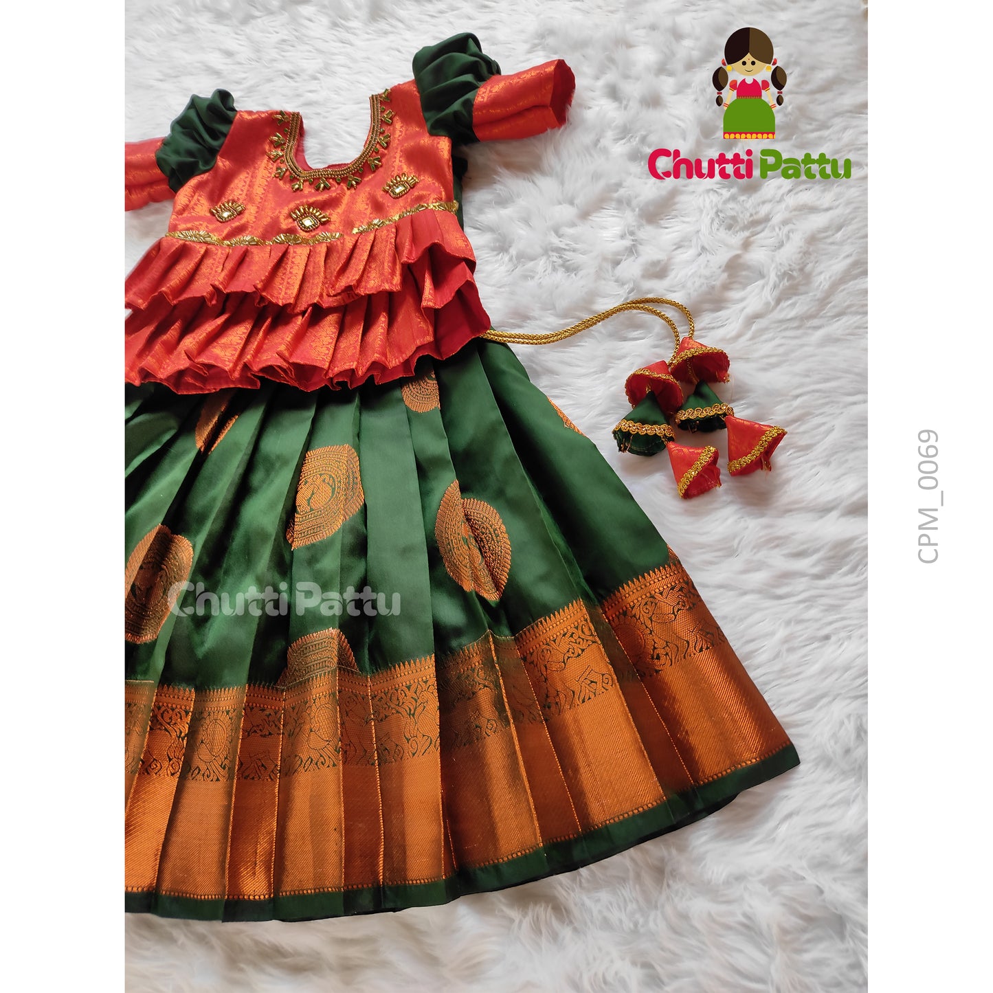 Pink Aari Work Top with Bottle Green Knife-Pleated Skirt | CPM_0069