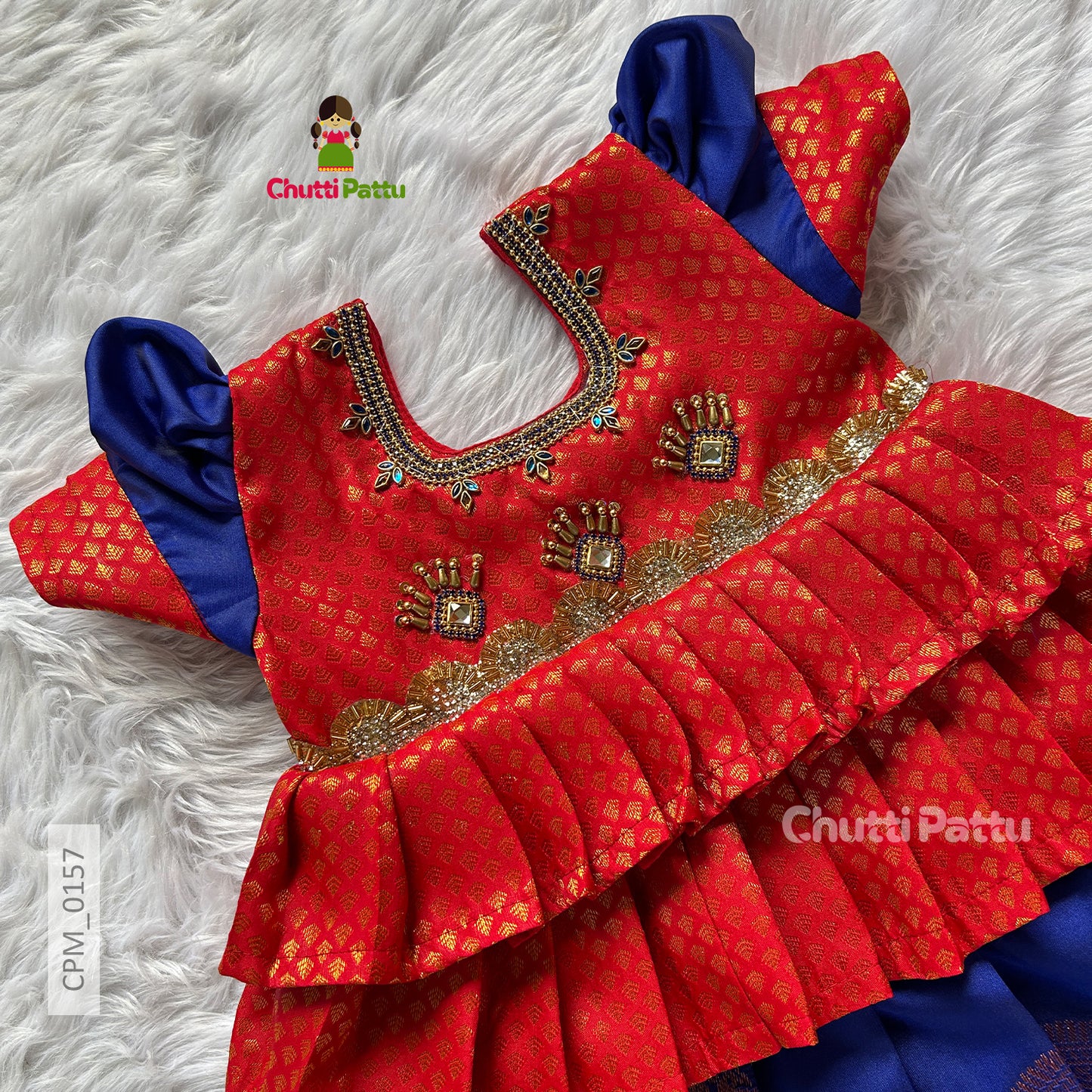 Salsa Red & Blue Kanchi Soft Silk Aari Pattu Pavadai  | CPM_0157