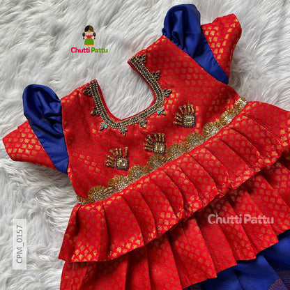 Salsa Red & Blue Kanchi Soft Silk Aari Pattu Pavadai  | CPM_0157
