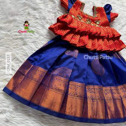 Salsa Red & Blue Kanchi Soft Silk Aari Pattu Pavadai  | CPM_0157