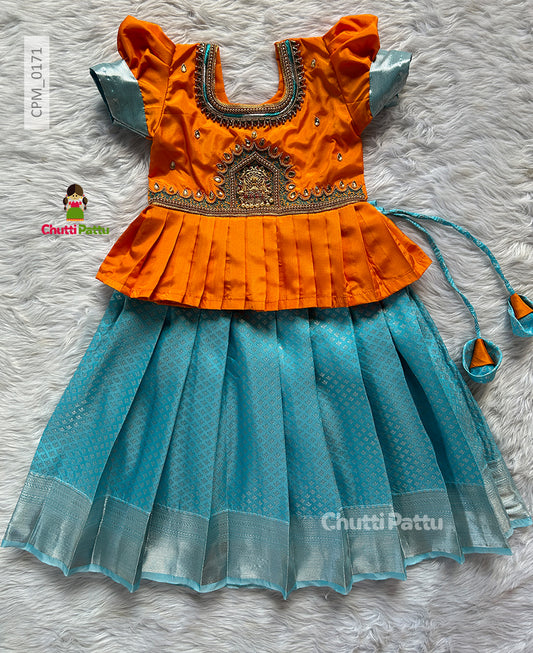 Orange & Sky Blue Lakshmi Pendant Aari work Kanchi Soft Silk Pattu Pavadai | CPM_0171