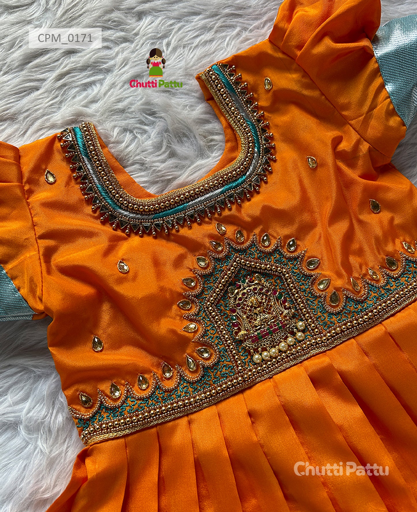 Orange & Sky Blue Lakshmi Pendant Aari work Kanchi Soft Silk Pattu Pavadai | CPM_0171