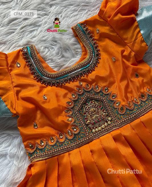 Orange & Sky Blue Lakshmi Pendant Aari work Kanchi Soft Silk Pattu Pavadai | CPM_0171