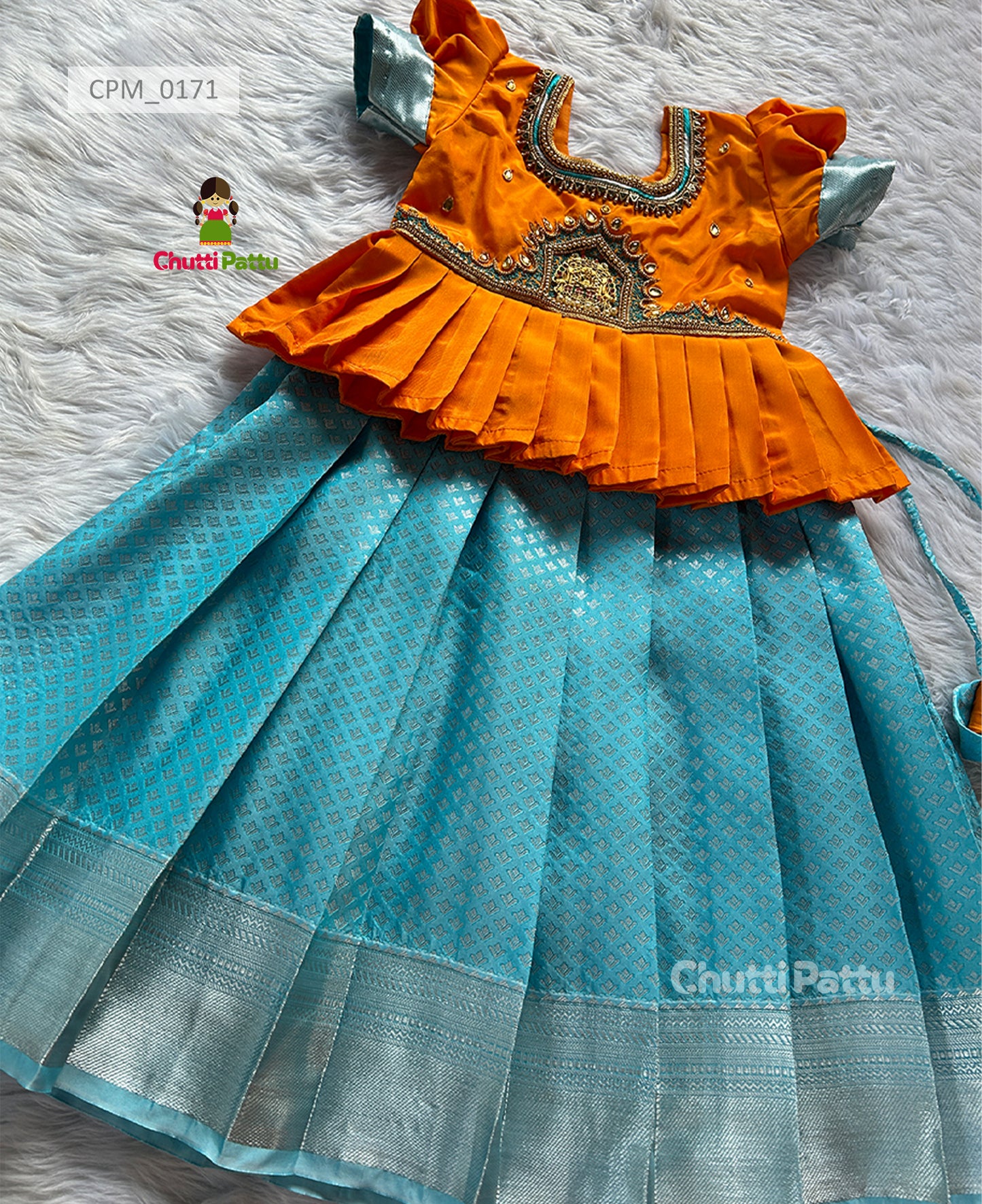 Orange & Sky Blue Lakshmi Pendant Aari work Kanchi Soft Silk Pattu Pavadai | CPM_0171